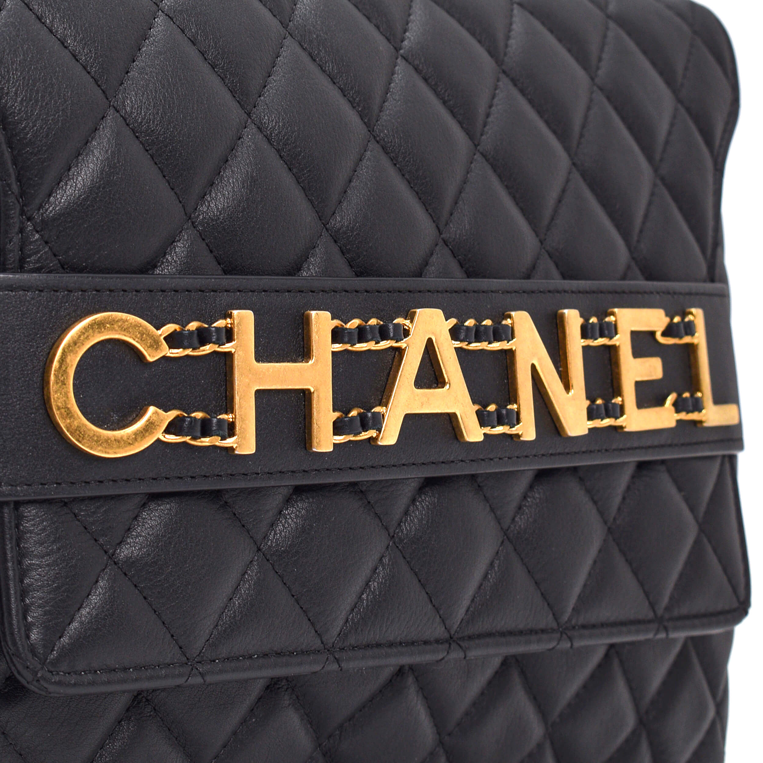 Chanel - Black Chain Logo Quilted Lambskin Leather Ctuch